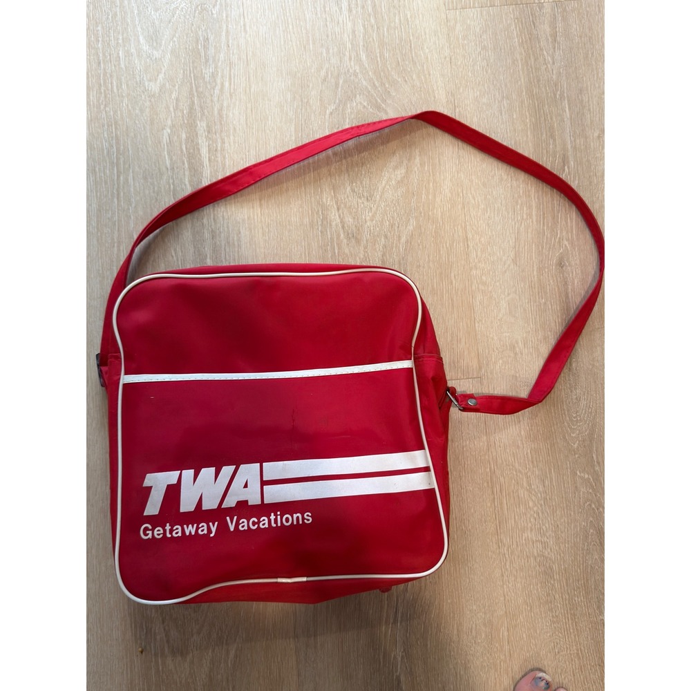Vintage 1970s TWA Getaway Vacations Red Nylon Flight Messenger Bag